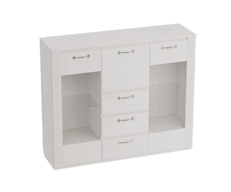 Комод комби Элана с баром и стеклом 1180*405*1400 (, 3 дв., 3 ящ., корпус: Бодега белый, фасад: ЛДСП Классика Сандал белый, в пакетах)