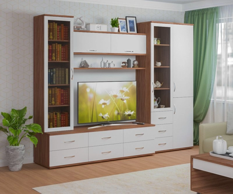 Гостиная Домино 2, прямая, 2100*540*2700 (, Корпус: шимо темный, фасад: ЛДСП Премиум/сб фас МДФ белый гладкий/стекло, в частично собранном виде)